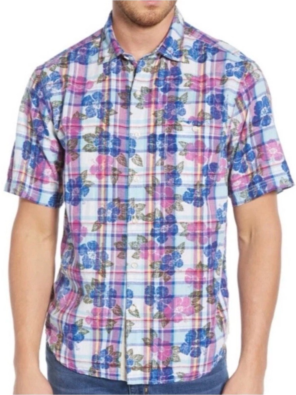 XL Tommy Bahama Pastino Floral Plaid Short Sleeve Woven Shirt Island Sunset